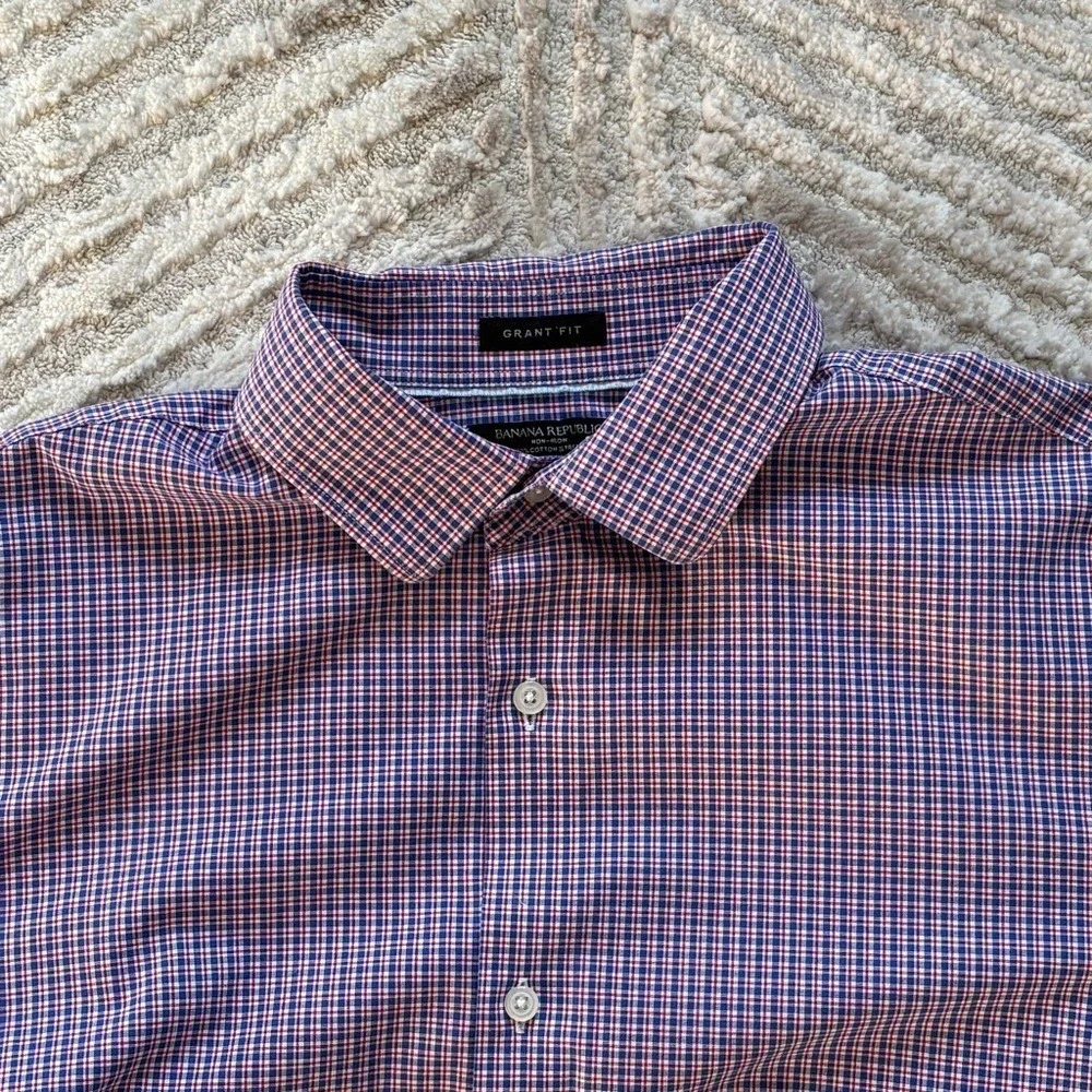Banana Republic Shirt Mens Large Blue‎ Red Plaid Grant Fit Non Iron Stretch